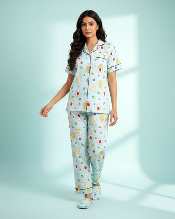 Women's Printed Short Sleeve Night Wear - Blue