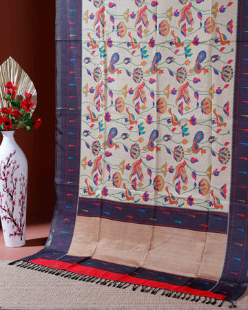 Traditional Kota Cotton Saree with Intricate Floral and Paisley Weaving and Contrast Woven Border - Sandal