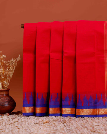 Traditional Chettinad Cotton Saree with Contrast Temple Border and Intricate Zari Detailing - Pink