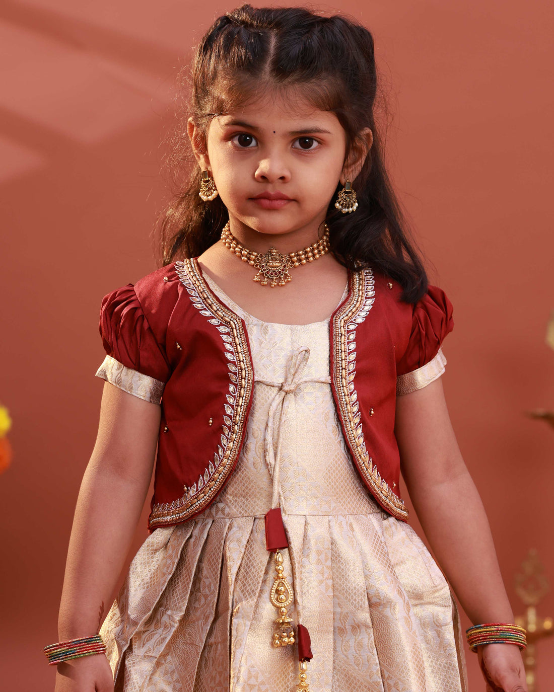 Traditional Kids Readymade Pattu Pavadai with Embellished Jacket - Maroon