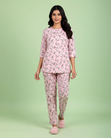 Women's Printed Long Sleeve Night Wear - Pink