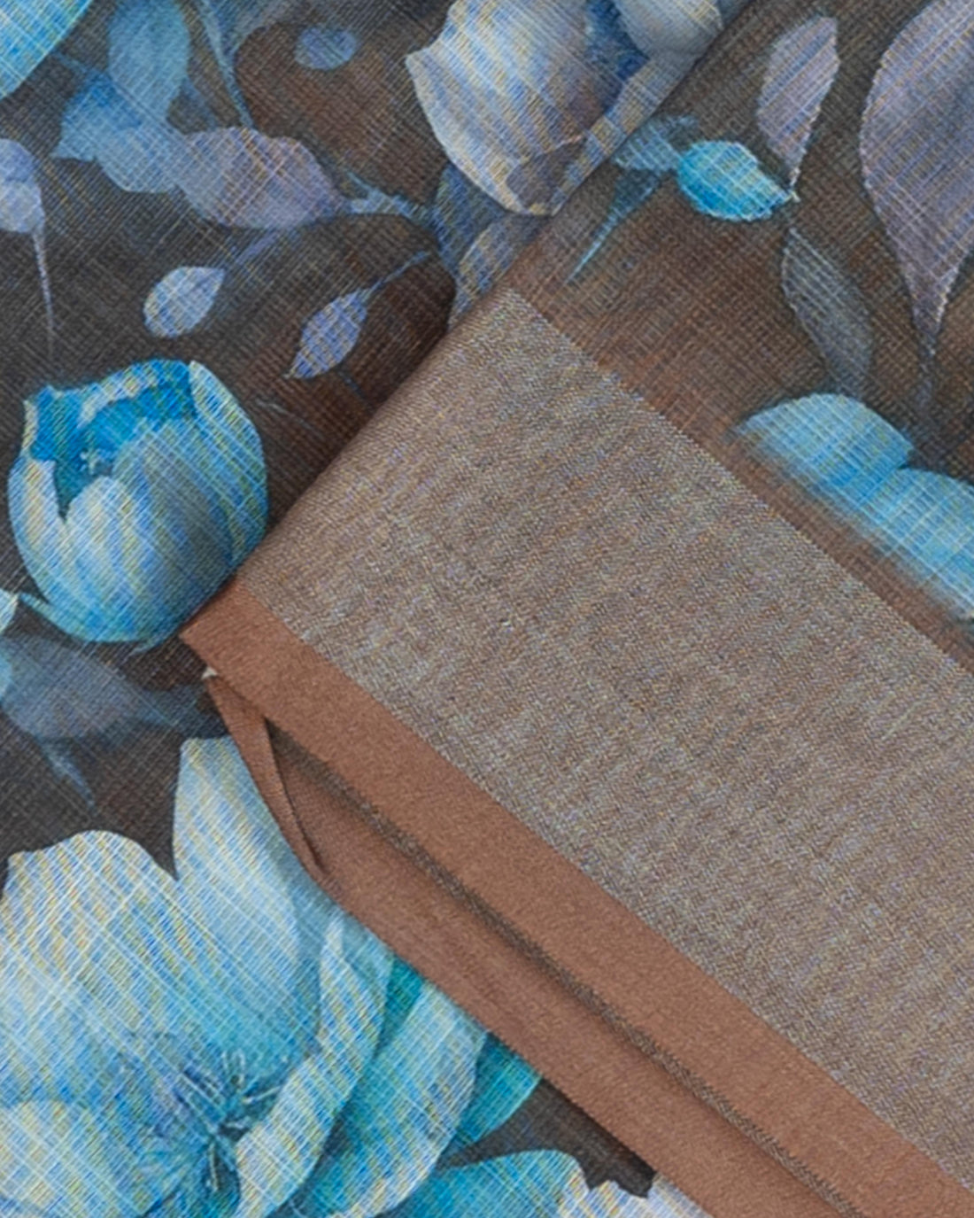 Floral Printed Linen Cotton Saree - Brown