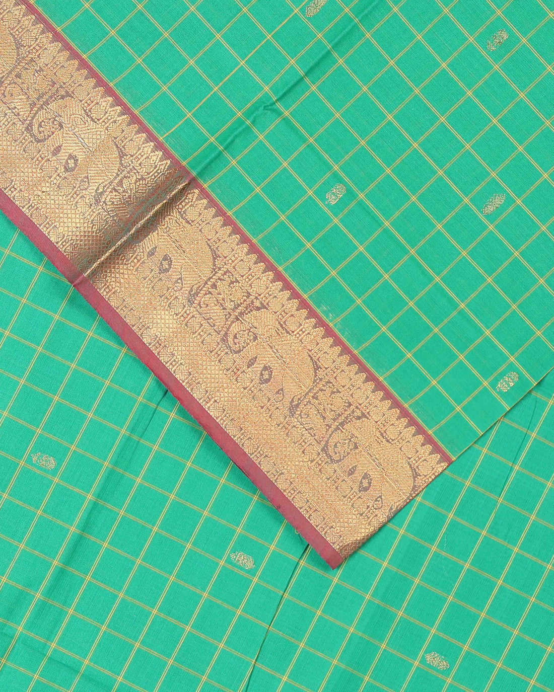 Handloom Cotton Saree with Checked Weave and Zari Border - Green