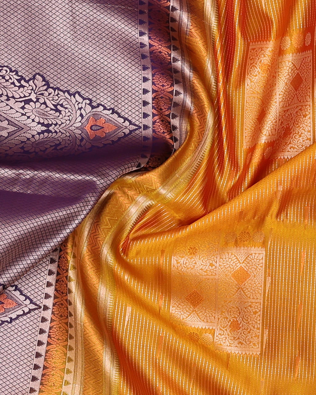 Ethnic Striped Design Soft Silk Saree - Orange
