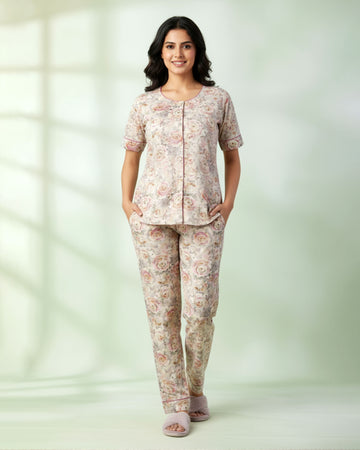 Women's Floral Print Short Sleeve Night Wear - Sandal