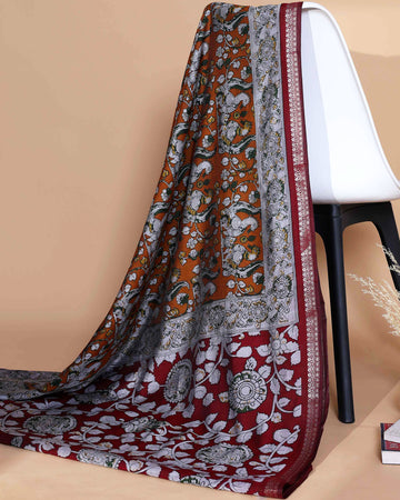 Elegant Semi Chanderi Saree with Traditional Kalamkari Handcrafted Motifs and Intricate Zari Border - Mustard Yellow