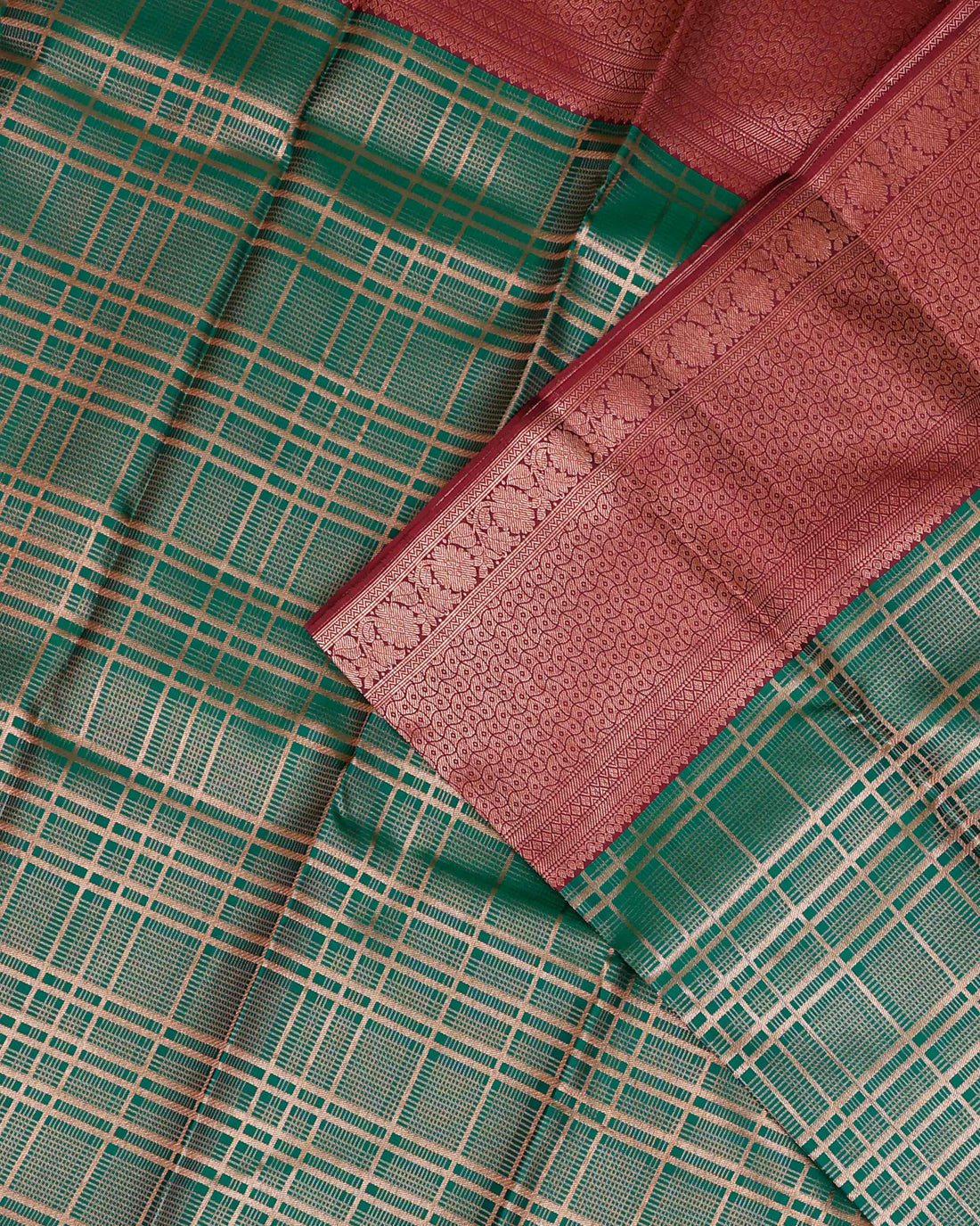 Kanchipuram Pure Silk Saree with Zari Checks and Intricate Weave Border - Green