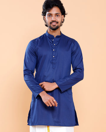 Elegant Men's Solid Mandarin Collar Kurta with Full Sleeves - Blue