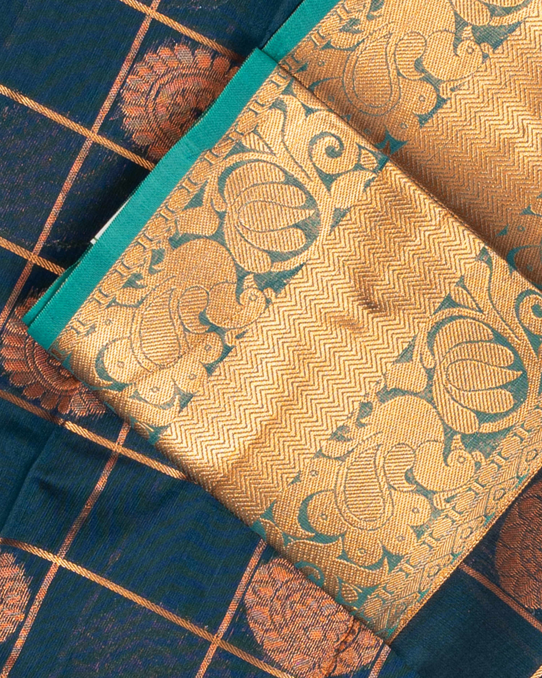 Elampillai Silk Cotton Saree with Traditional Checks and Zari Border - Teal