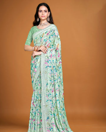 Elegant Floral Printed Fancy Saree - Green