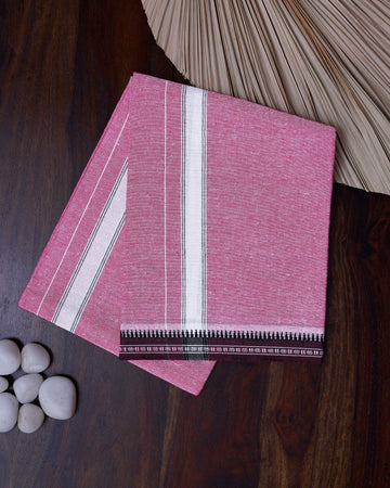 Men's Handloom Cotton Dhoti with Striped Pattern and Maroon Border - Pink