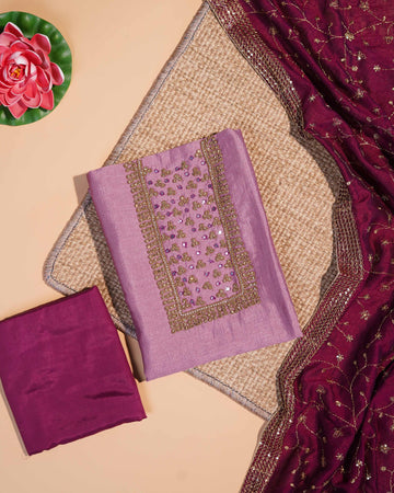 Embroidered Unstitched Salwar Suit Material with Zari & Sequin Work - Lavender