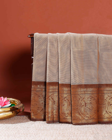 Chettinad Cotton Handloom Saree with Zari-Woven Border and Traditional Motifs - Brown