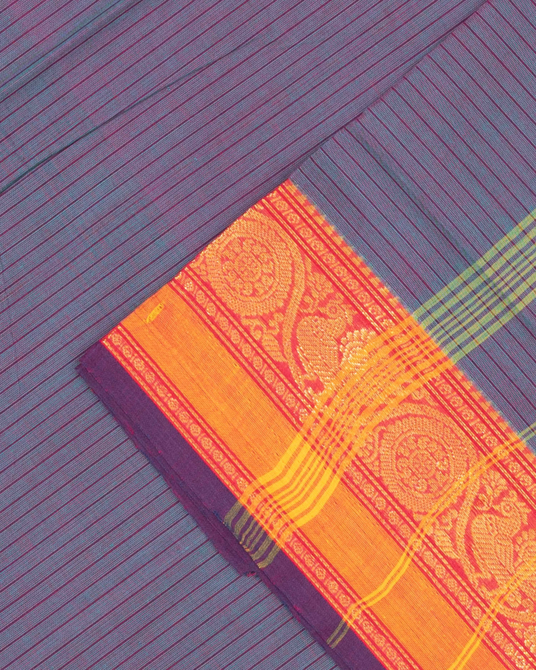 Striped Venkatagiri Cotton Saree with Contrast Zari Border - Double Shade