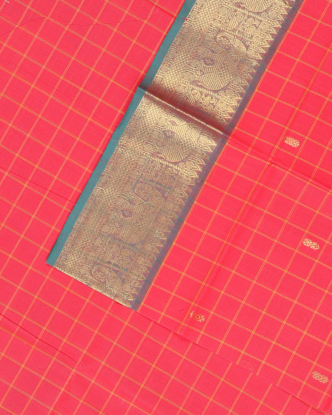 Handloom Cotton Saree with Checked Weave and Zari Border - Red