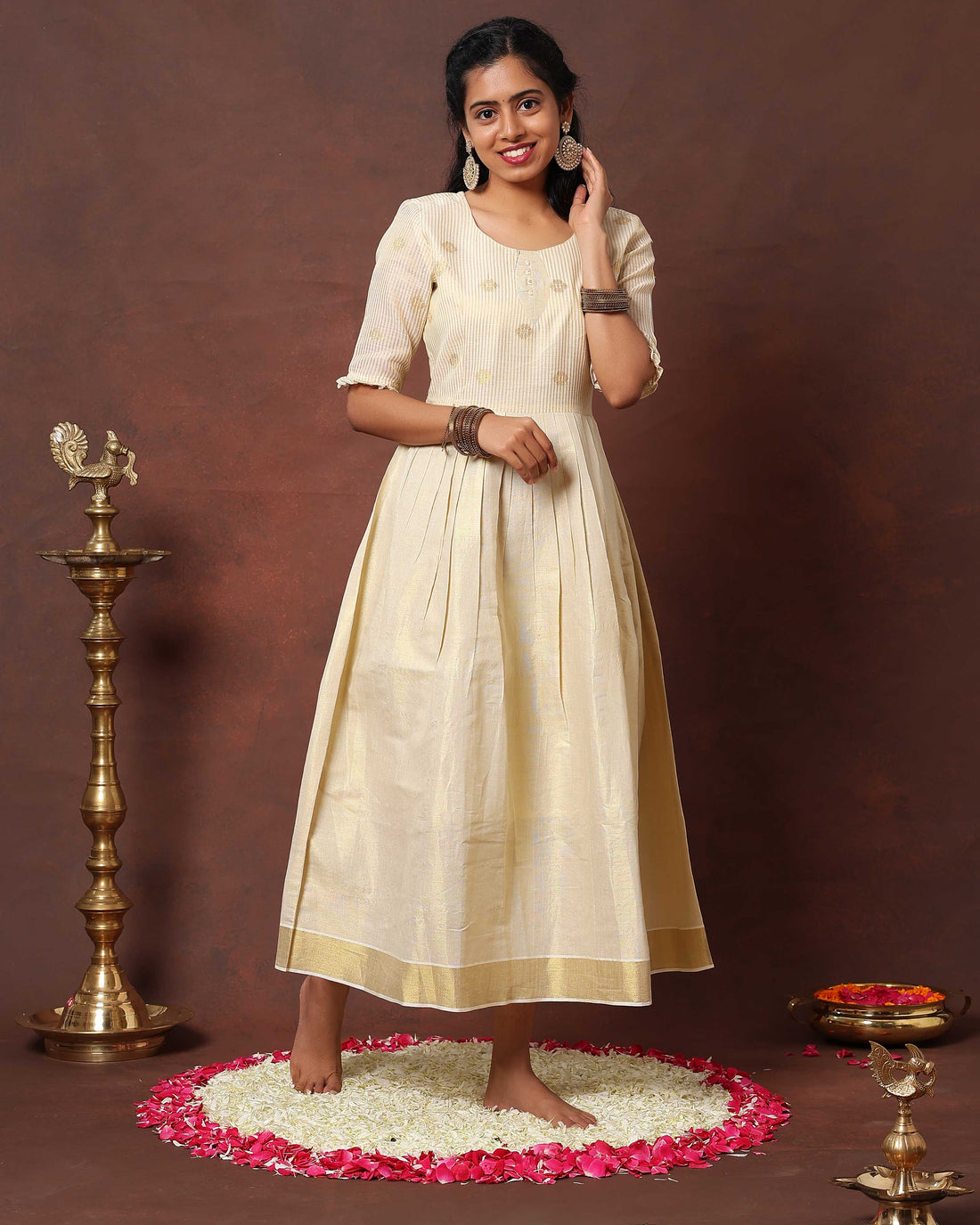 Elegance Traditional Kasavu-Inspired Anarkali Kurta - Ivory