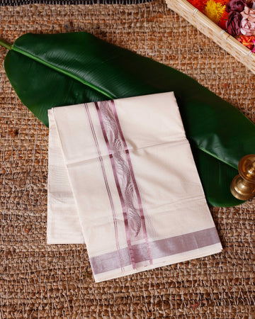 Traditional Handwoven Cotton Dhoti with Rose PinkBorder and Elegant Finish - Off White