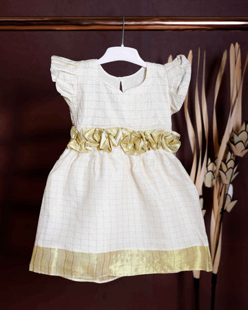 Girls' Traditional Kerala Kasavu Style Frock with Gold Zari Border and Waist Embellishment - Off White