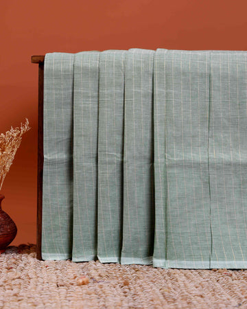Traditional Chettinad Cotton Saree with Subtle Stripes and Traditional Weave - Green