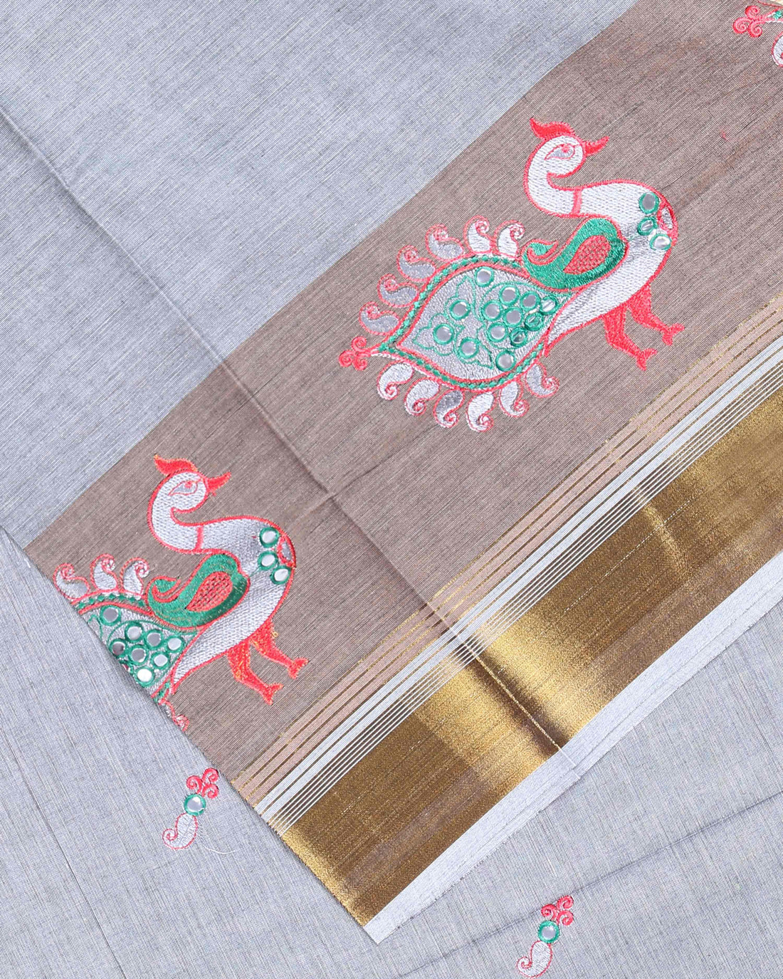 Handloom Cotton Saree with Peacock Embroidery - Grey