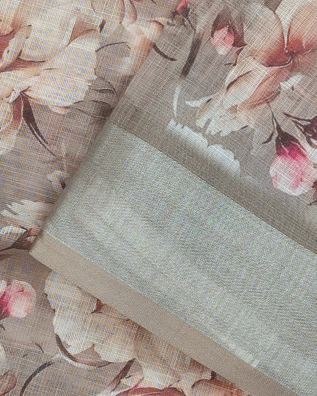 Floral Printed Linen Cotton Saree - Grey