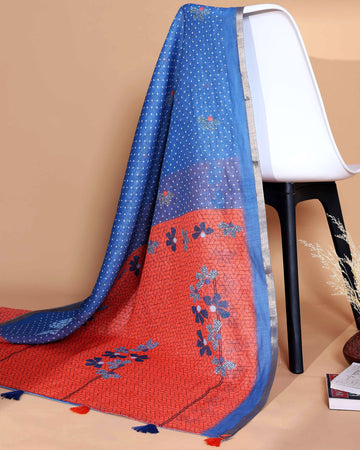 Dual Tone Blue and Rust Linen Saree with White Polka Dots, Floral Printed Pattern and with Colourful Tassel Detailing