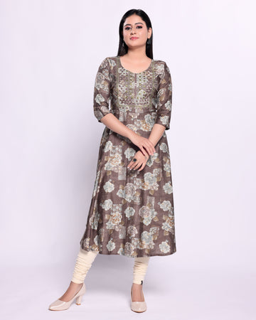 Women's Elegant Embroidered & Floral Printed Flared Kurta - Brown
