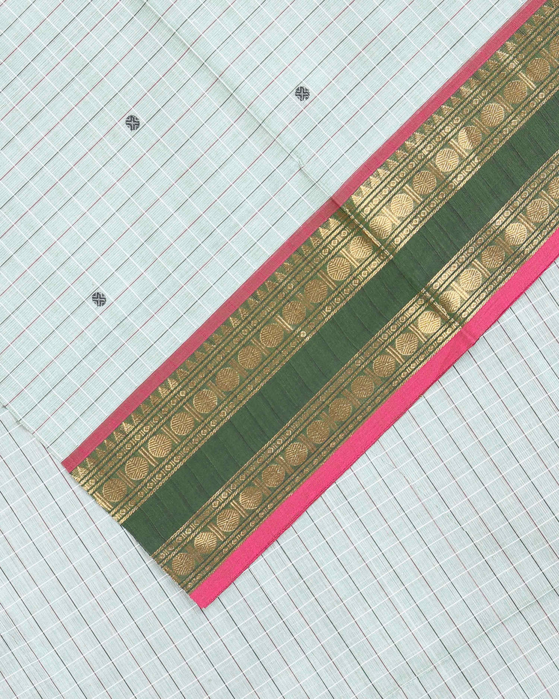 Handloom Cotton Saree with Checked Weave and Zari Border - Green