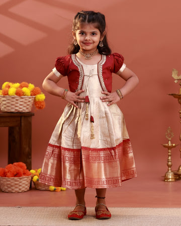 Traditional Kids Readymade Pattu Pavadai with Embellished Jacket - Maroon