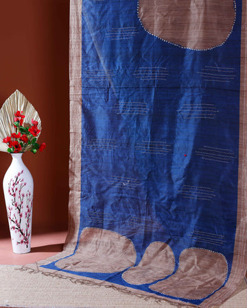 Handcrafted Kantha Cotton Saree with Contrast Patch Design and Intricate Stitch Embroidery - Blue