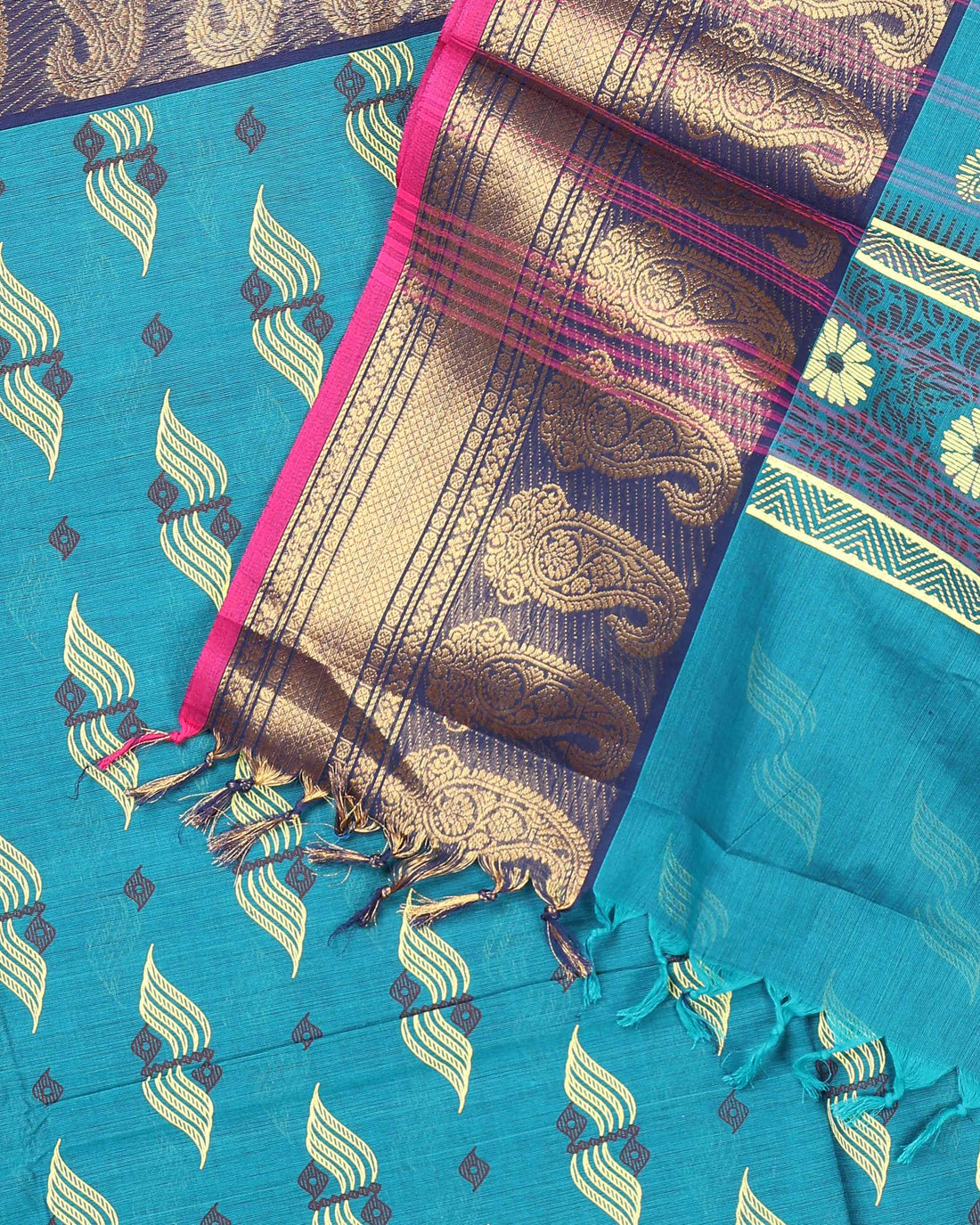Handloom Cotton Saree with Paisley Border - Teal