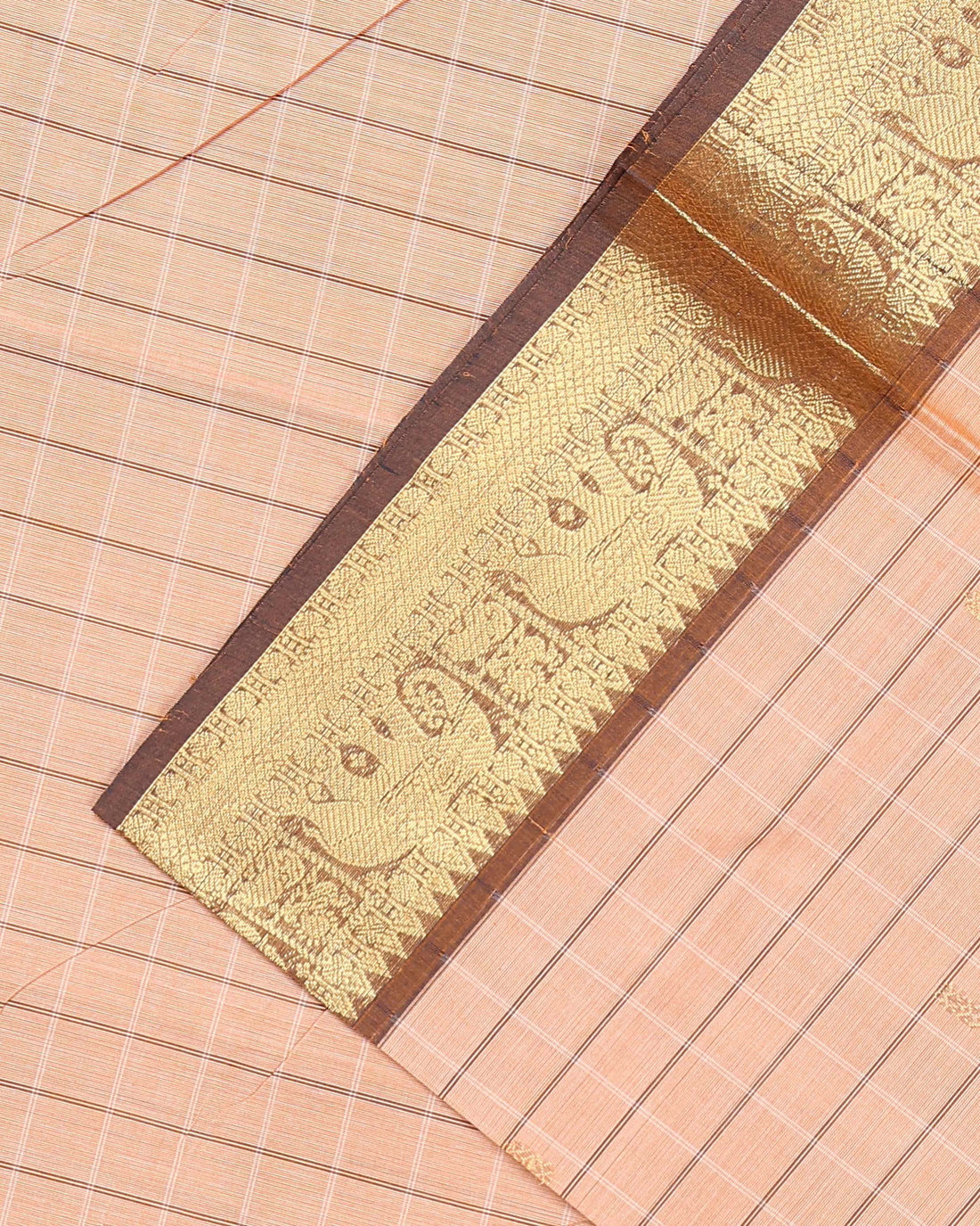 Handloom Cotton Saree with Checked Weave and Zari Border - Sandal