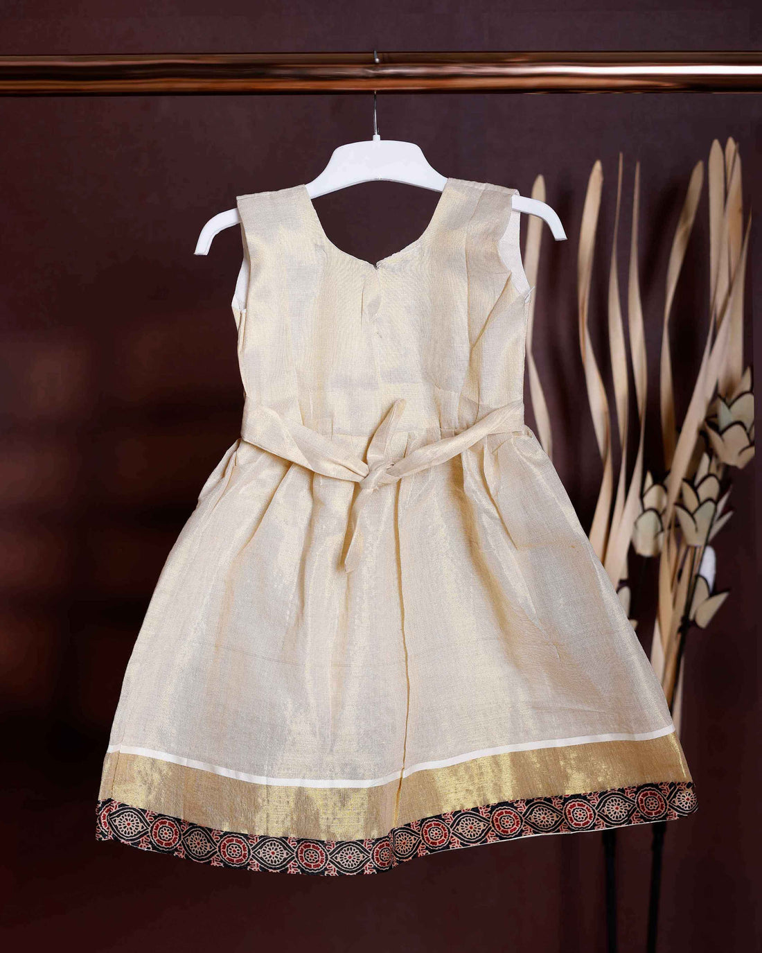 Girls' Traditional Kerala Kasavu Style Frock with Golden Border and Embroidered - Cream