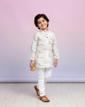 Boys Off-White Kurta Set with Multicolor Village Scene Print