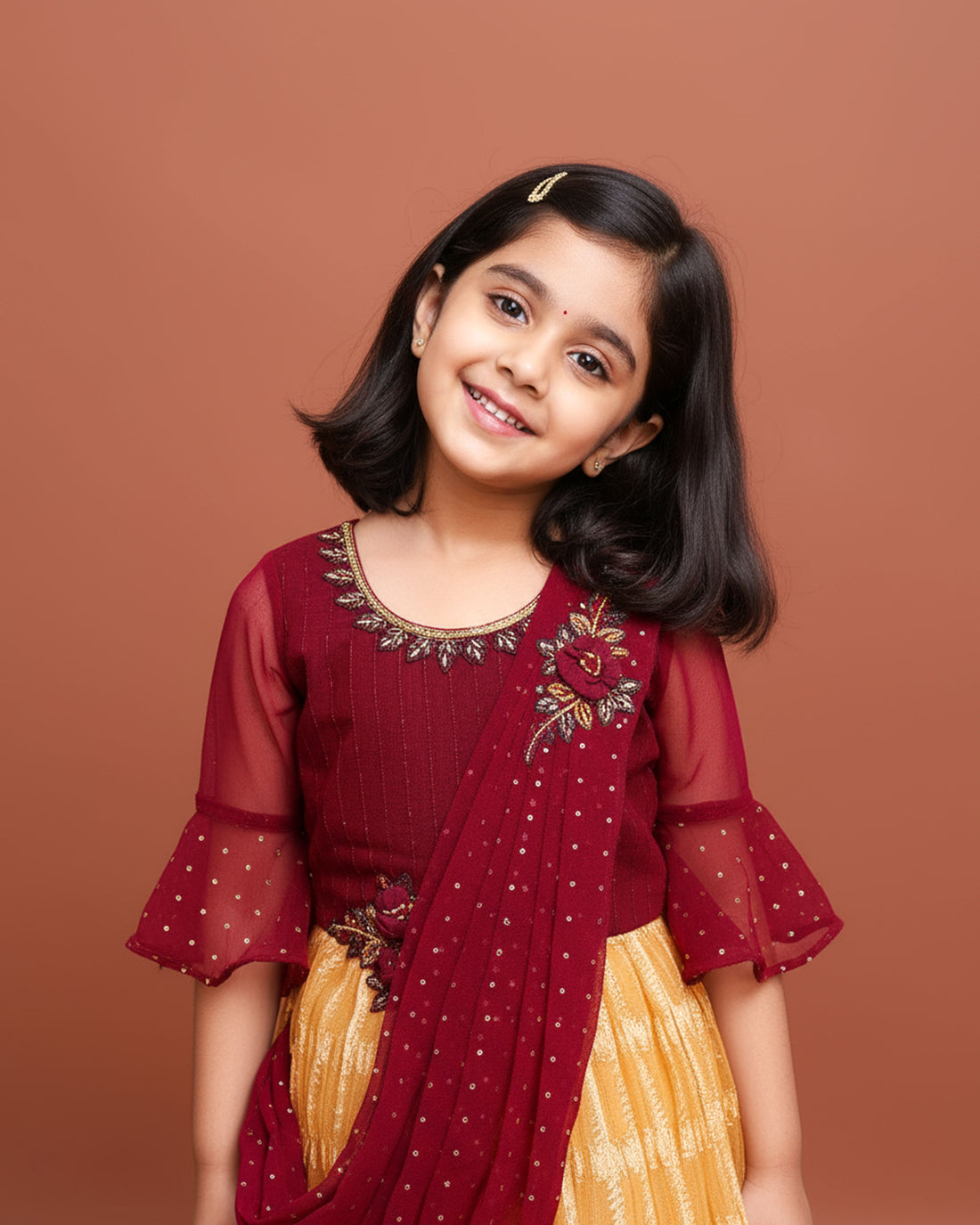 Girls Ethnic Party Wear Frock with Pleated Skirt and Embellished  - Maroon