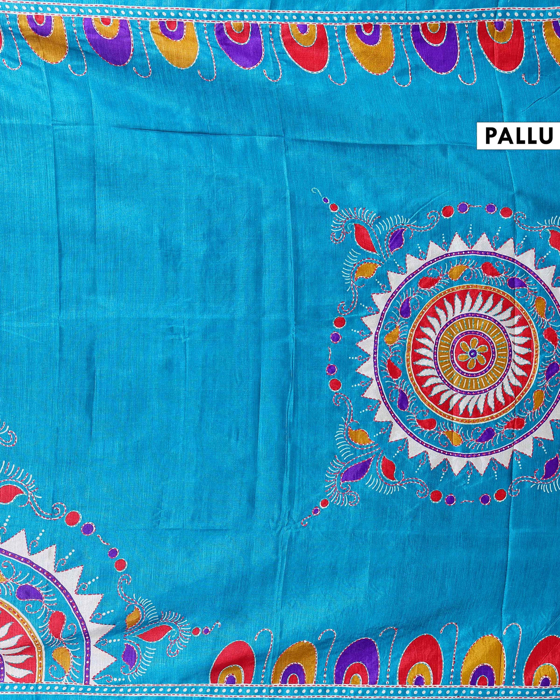 Elegant Kantha Work Saree with Intricate Handcrafted Border and Traditional Motif Detailing - Blue