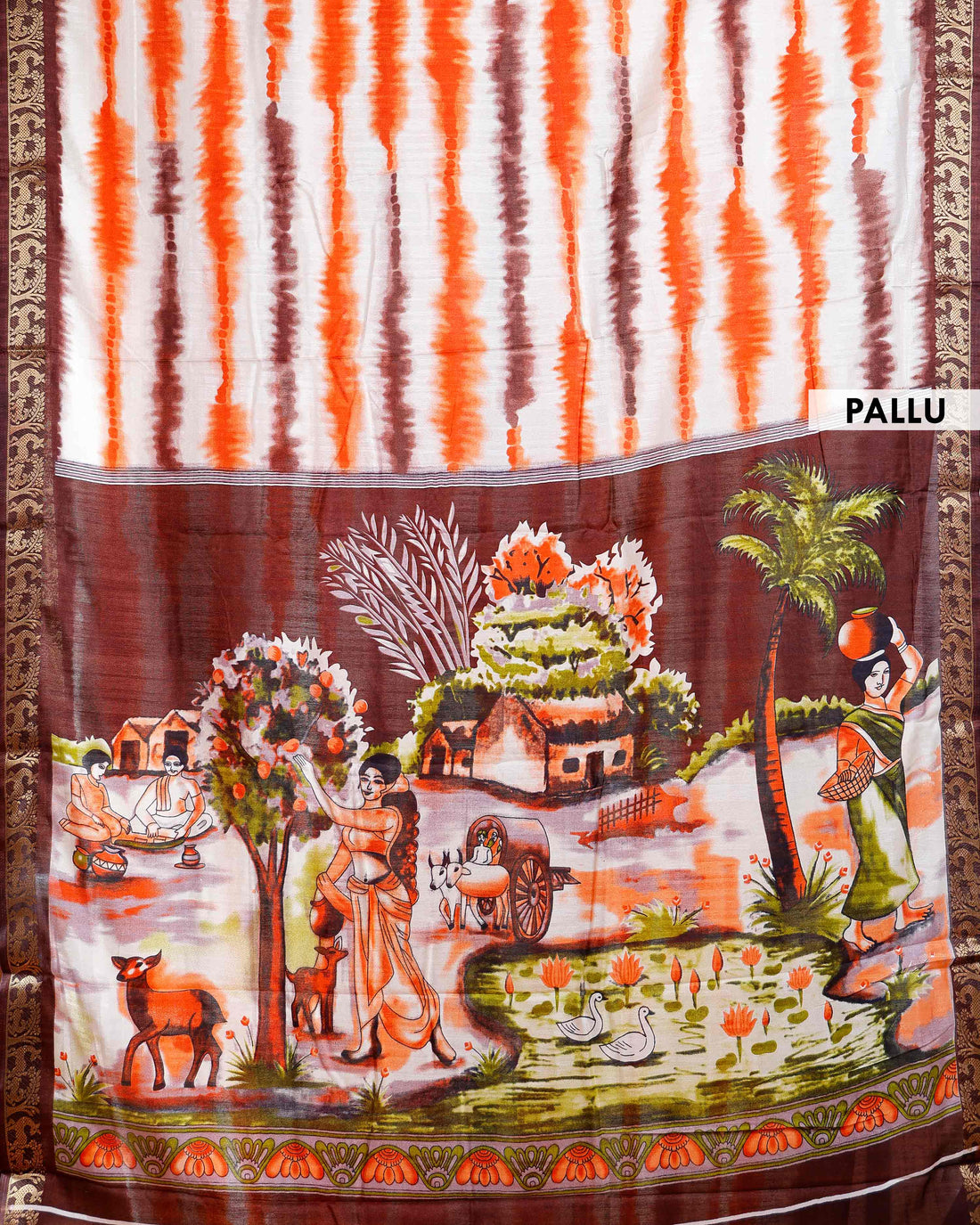 Elegant Brown shades and the rural scenic artwork Dola Saree