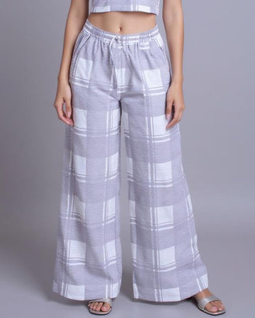 Checked Drawstring Wide-Leg Palazzo Pant - Grey