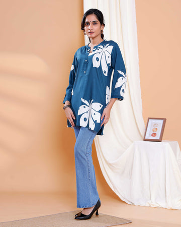 Teal Blue Floral Digital Print Kurti