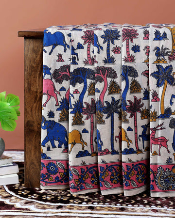 Handcrafted Kalamkari Cotton Saree with Wildlife and Tree Block Print Design - Cream
