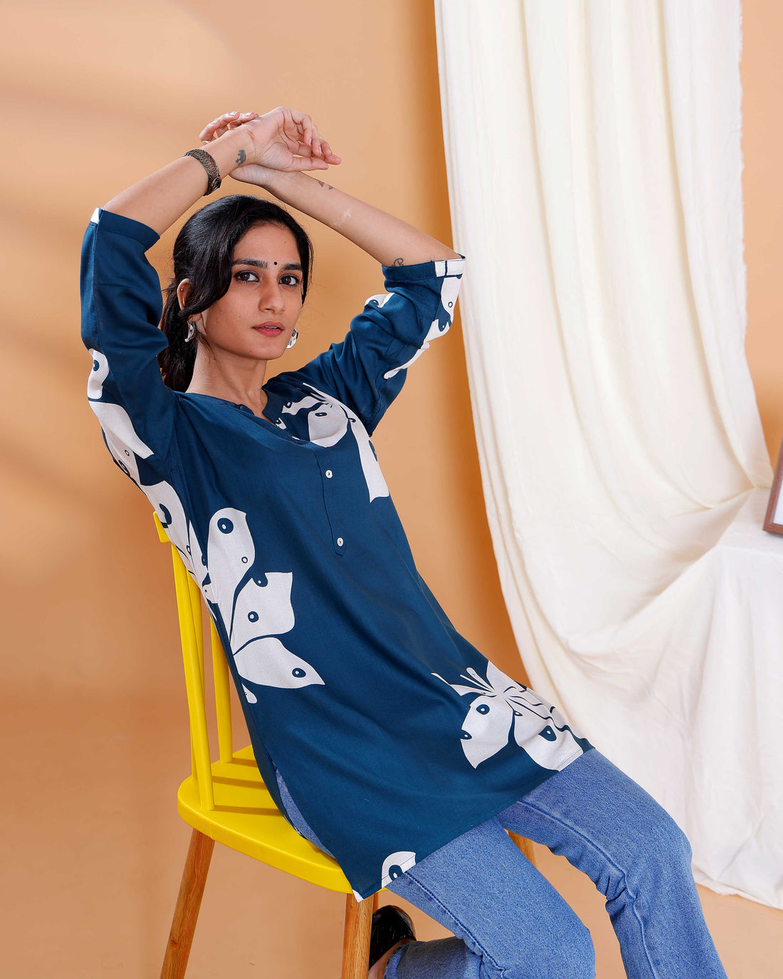 Teal Blue Floral Digital Print Kurti