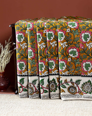 Traditional Handloom Kalamkari Cotton Saree with Intricate Floral and Avian Motifs - Yellow