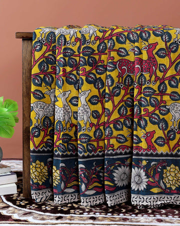 Traditional Kalamkari Cotton Saree with Nature-Inspired Motifs - Yellow