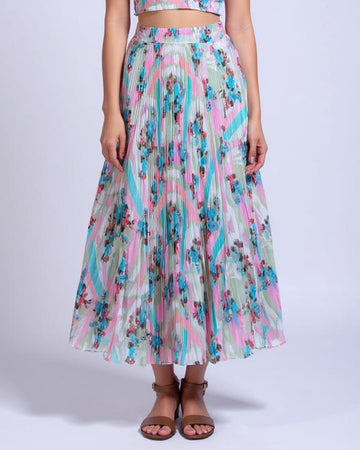 Floral Pleated A-Line Midi Skirt - Multi