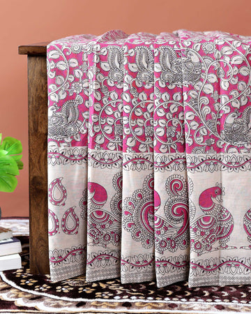 Hand-Painted Kalamkari Cotton Saree with Traditional Peacock & Floral Motifs - Pink