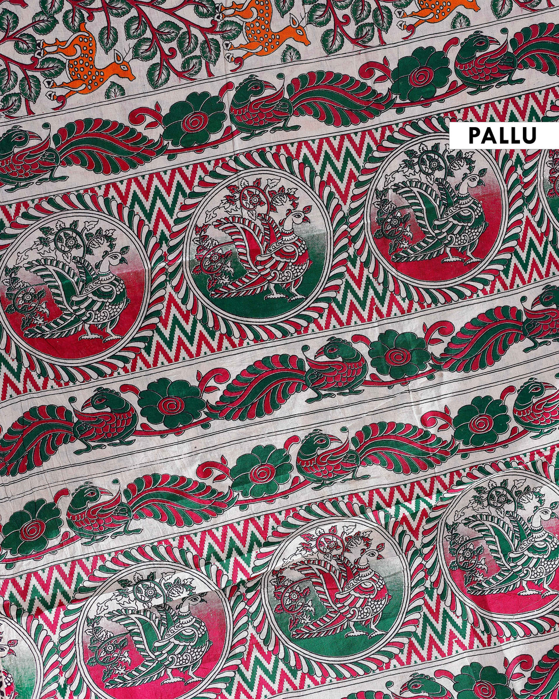 Traditional Handloom Kalamkari Cotton Saree with Intricate Floral and Avian Motifs - Green