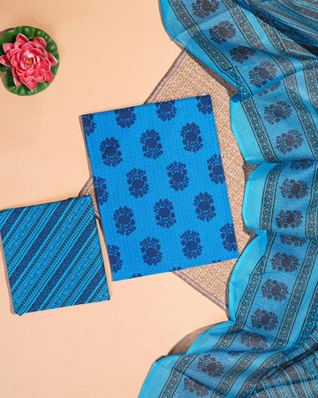 Women's Unstitched Cotton Printed Salwar with Dupatta - Blue