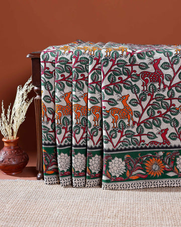 Traditional Handloom Kalamkari Cotton Saree with Intricate Floral and Avian Motifs - Green