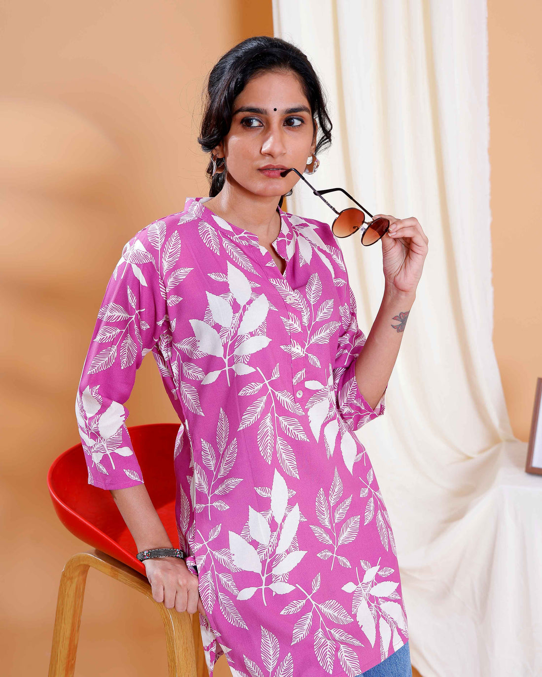 Magenta Leaf Print Ethnic Kurti