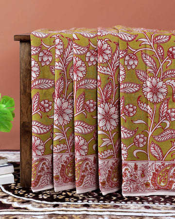 Traditional Kalamkari Cotton Saree with All-Over Floral Prints and Traditional Border - Green